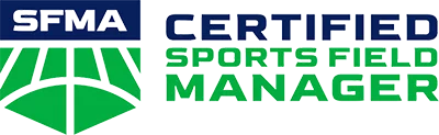 Logo of the Sports Field Management Association (SFMA) displaying the words "Certified Sports Field Manager" in green and blue text. For more details, visit our About Us section.